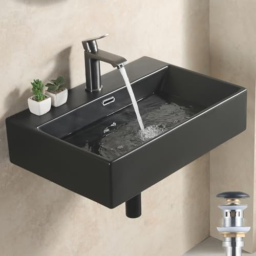 HOROW Aufsatzwaschbecken 60cm waschbecken Schwarz Hängewaschbecken für Badezimmer Garderobe gäste wc, Klassisch Wandmontage Aufsatzwaschbecken Eckig Keramik Mattschwarz