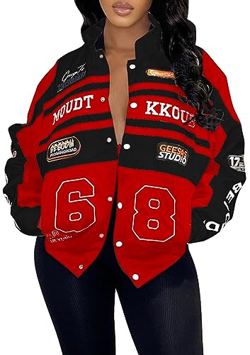 Angsuttc Varsity Jacket Women Motorcycle Racecar Marathon Jackets Vintage Letterman Baseball Coat Rednew L