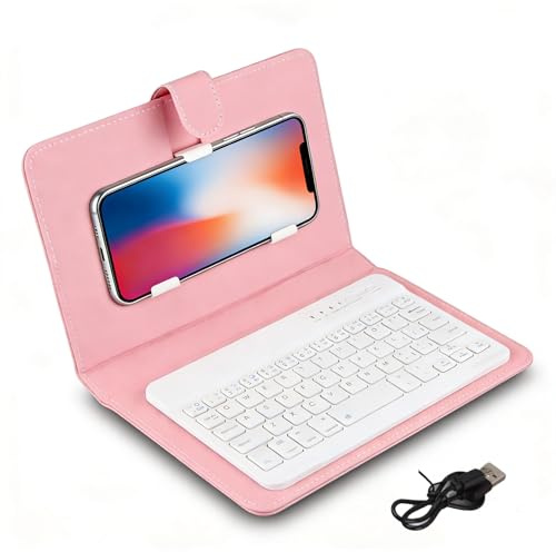 Funda con teclado, funda universal para tablet Android con teclado Bluetooth inalámbrico extraíble para teléfonos Android iOS (rosa)