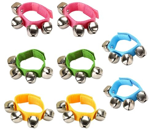 LEEQ 8pcs Bracelet Grelot - Paire de Bracelets de 4 grelots, Bracelet Clochette Musicale Multicolore Instruments de Musique, Hochet pour Fêtes Enfants, Ecole et Classe de Musique