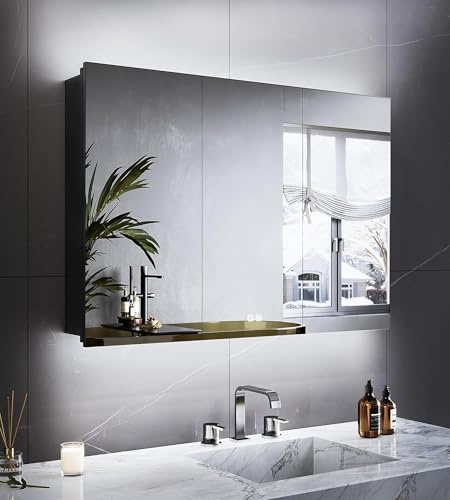 LOMIKEN Spiegelschrank Bad Edelstahl 100x60x13 cm Vormontiert mit Sensorlichtern, Steckdose, Antibeschlag, 3 Farbtemperaturen, Stufenlos Dimmbar(Schwarz)