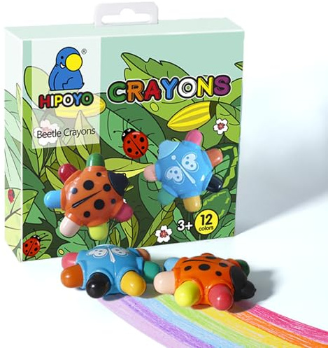 NLR FUN Lápices portátiles Beetle con 12 colores y gomas de borrar, crayones lavables no tóxicos para niños, crayones irrompibles de fácil agarre, kits de arte de viaje, premios de regalos para niños