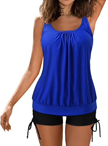 Tankinis for Women with Shorts UK Ladies Spring Summer Two Piece Swimsuits Vintage Floral Print Swimming Costume Swim Tank Tops and Tummy Control Beach Trunks Bathing Suit Sets Blue XL