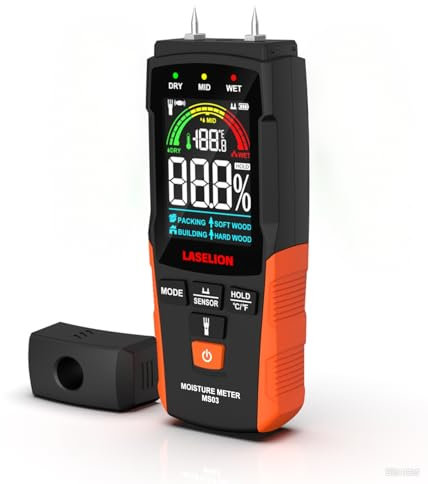 LASELION Medidor de Humedad 2 en 1 - Detección 0-40mm, Con y Sin Agujas, Higrómetro Humedad con Preciso para Madera, Hormigón y Construcción - Pantalla LCD, Linterna - MS03