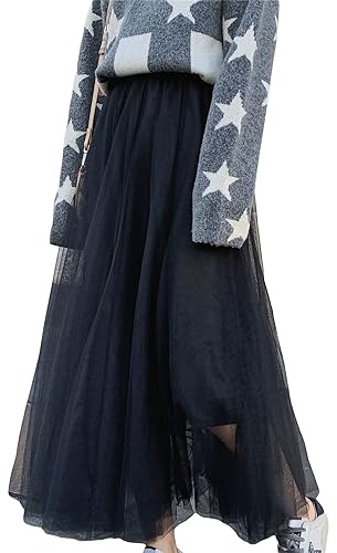 FeMereina Women’s Tulle Skirts Midi Elastic High Waist Pleated Mesh Flowy A-Line Party Long Tutu Skirts (Black, ONE Size)