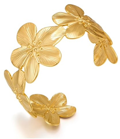 WOWORAMA Bracelet floral doré pour femme - Bracelet manchette bohème vintage - Motif floral martelé, Adjustable Size, Acier inoxydable, Pas de gemme