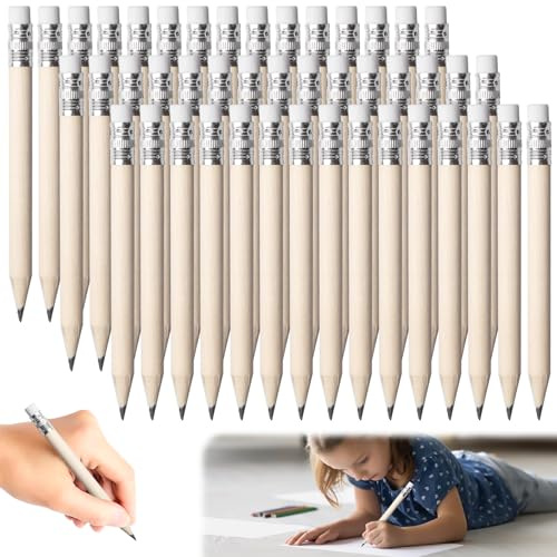 GBKDQQ 200 stycken minipennor med suddgummi, 10 cm träpennor, färdigspetsade naturträ, blyertspennor HB för barn, studenter, lärare, kontor, skolmaterial, rita, skriva