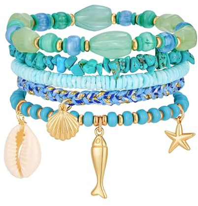 WOWORAMA Set di braccialetti con perline a conchiglia a strati per le donne in oro con conchiglie marine e pesci braccialetto impilabile estivo da surfista boho multi strato braccialetti con filo di