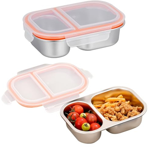 VEGCOO Cajas de aperitivos de acero inoxidable, caja de aperitivos con compartimentos, caja bento pequeña de acero inoxidable, recipientes divididos para preparación de comidas con tapas herméticas