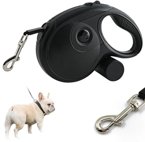 Correa retráctil para perros de 8 m, con bolsa para excrementos y clip de mosquetón, 360 °, botón de bloqueo, correa para perros medianos y grandes, color negro