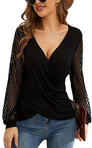 Sukiglam Camicia Donna Elegante Manica Lunga in Pizzo Maglia Scollo a V Top Avvolgente Sexy Blusa Basic Casual T Shirt Moda Camicetta Autunno Inverno Maglietta Chic per Ufficio Festa Serata