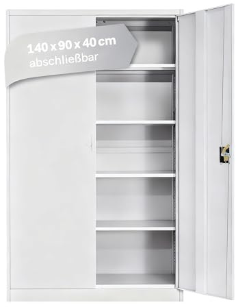 LagerZwei Mehrzweckschrank 140x90x40cm I Büroschrank mit 4 Fachböden I Aktenschrank weiß, abschließbar I Allzweckschrank – Möbel für Arbeitszimmer I Praktischer Metallschrank I Werkstattschrank
