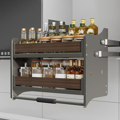 Resistente mensola estraibile a 2 ripiani per cucina, bar e caffetteria, sistema di abbassamento regolabile con 4 impostazioni di peso, ideale per armadi superiori