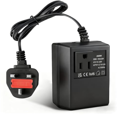 KUWUNG 200W Step-Down Power Supply Voltage Converter 220V/240V to 110V/120V(UK Plug), Smart and Efficient Temperature Protect Adapter, Suitable for WiFi, POS Machines and Power Bank
