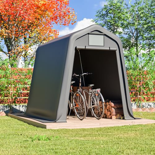 Casetta per attrezzi in metallo, 8 x 4 piedi, in acciaio zincato con fondazione e tetto inclinato, resistente agli agenti atmosferici come garage per biciclette, box per bidoni della spazzatura o