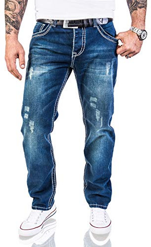 Rock Creek Herren Designer Jeans Hose Dicke Nähte Vintage Herrenjeans Stonewashed Regular Fit Used Look RC-2056 Blau W32 L32