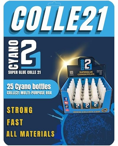 25 Flacons SUPER GLUE cyano multi-usage COLLE21, 21g (Boîte de colle cyanoacrylate) – Colle cyano multi-usages – Adhésif puissant pour tous matériaux, idéal pour modélisme et bricolage.