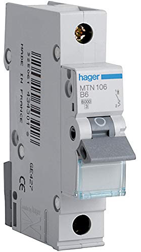 Hager MTN106 Miniature Circuit Breaker, 1 Pole, 1 Module, Type B, 6 kA Breaking Capacity, 6 A Current