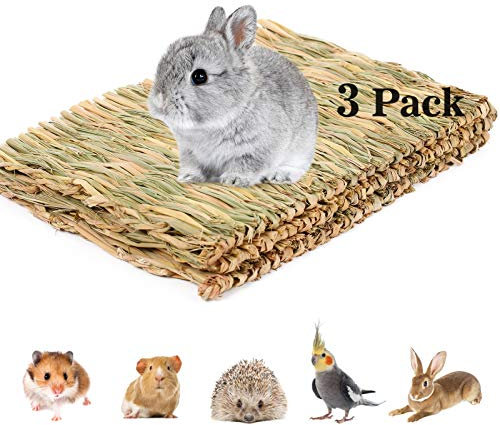 AOFITEE Kaninchen-Grasmatte, Naturstroh gewebte Bettmatte für Kleintiere, Grasstreu Nest Kauspielzeug Bett Spielzeug für Kaninchen Meerschweinchen Hamster Ratte Papagei (3 Stück, L)