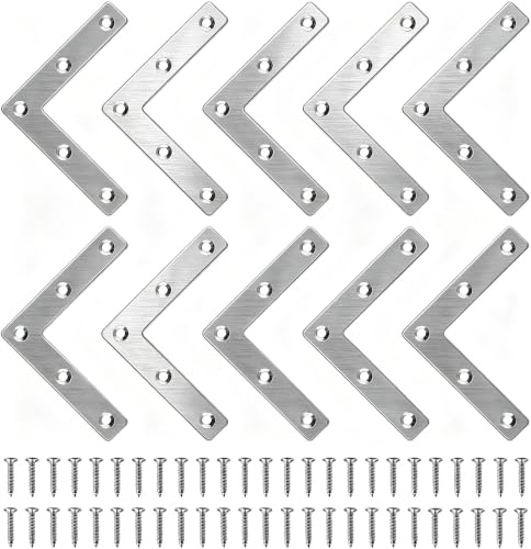 SNAGAROG 10Pcs Heavy Duty L Shaped Plate Bracket Flat Corner Braces Stainless Steel Plates Angle Brackets Corner Brackets Flat Plate Fastener with Screws for Furniture Desk Table Shelf Repair, 80*80mm