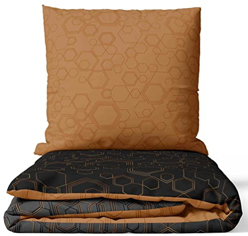 Leonado Vicenti Bettwäsche 100% Baumwolle Set Kupfer Schwarz Geometrisch modern Deckenbezug Kissenbezug mit Reißverschluss, 2teilig, 135x200 cm