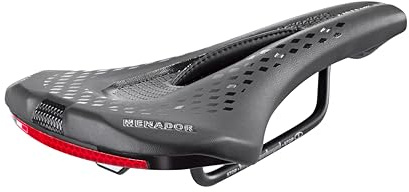 Selle Montegrappa de Vélo pour E-MTB Gravel Enduro Revêtement en éco Cuir avec Dispositif pour la visibilité Nocturne Menador Air Flow Noir