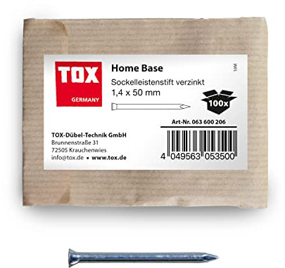 TOX Home Base clavos para zócalos azul galvanizadas con cabeza avellanada profunda en embalaje de papel reciclable, tamaño 1,4 x 50 mm, para fijar zócalos etc., 100 unidades, 063600206