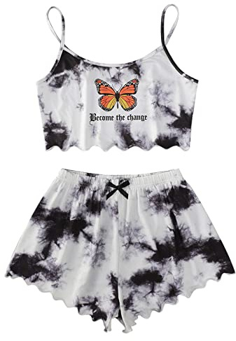 Damen Hauseanzug Zweiteiliger Shorts und Top Sets 2 Piece Teenager Mädchen Spaghettiträger Bauchfrei Tops Camisole Kurze Hose Schlafanzug Kombi 2-Teiler Home Set mit Cartoonmuster