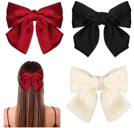 GWAWG 3PCS Bow Hair Clip，Hair Bows Barrettes Solid Color,Soft Satin Silky Hair Bows for Women Girls(Black, White, and Red)