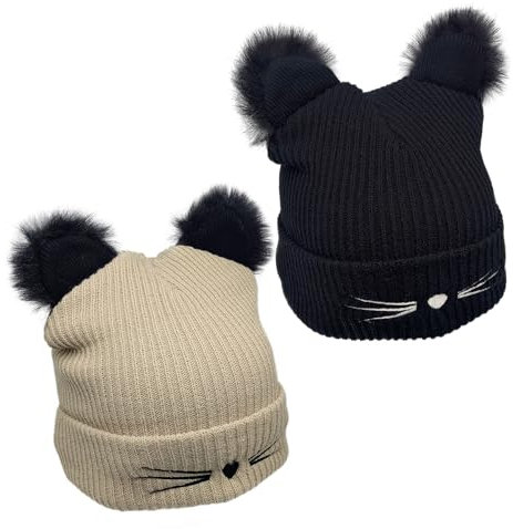 SKHAOVS 2 Stück Mütze Katzenohren Katze Bommelmütze Damen Warmer Strick für Frauen Warm Cuffed Elastisches Beanie Mütze Herbstmütze Winterhüte für Frauen Mädchen Einheitsgröße schwarz