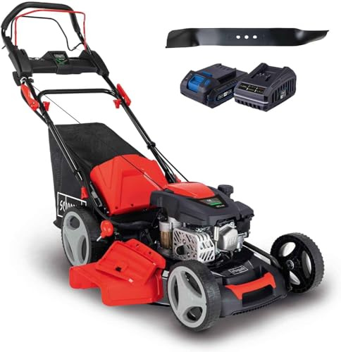 Scheppach Tondeuse à Gazon Thermique Hybride MS173-51E - Moteur 4T - Largeur de Coupe 51 cm - bac 65L - Fonction Mulching - Batterie 2Ah + Chargeur Inclus (avec Lame supplémentaire)