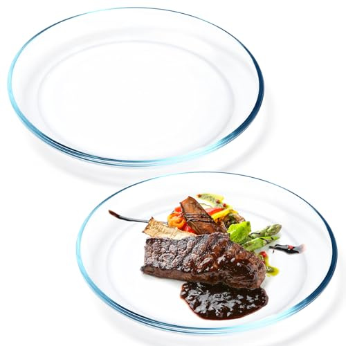 NUTRIUPS Confezione da 2 piatti in vetro trasparente da 25,4 cm, piatti piani in vetro temperato per pasta, insalata, lavastoviglie e forno a microonde