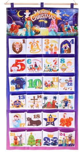 DPKOW Religiös adventskalender 2024, återanvändbart tyg adventskalender med 24 fickor, tom påfyllningsbar adventskalender med stång, religiösa juldekorationer inomhus hem vägg