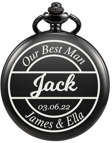 TREEWETO Reloj de bolsillo grabado personalizado con cadena de grabado para hombre, regalo para mejor hombre, relojes de bolsillo de cuarzo, regalos para novios para boda