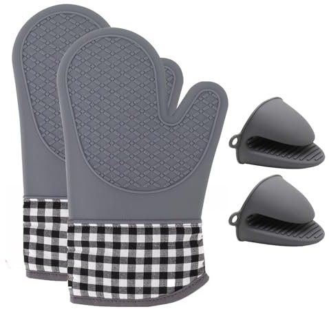 Ofenhandschuhe Topfhandschuhe mit Silikon Hitzebeständige Backhandschuhe - 4er Ofenhandschuhe Topflappen Anti-Rutsch Hitzebeständig bis 300°C Handschuhe zum Kochen und Backen und Grillen