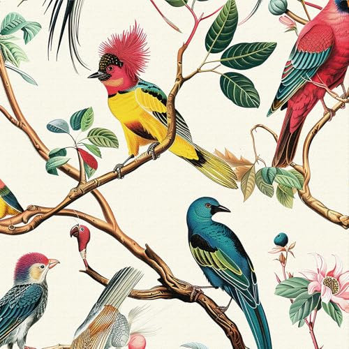 Papier Peint Adhesif Mural Oiseaux Coloré,44 x 300cm Papier Peint Vert Feuille Rose Fleurs Papier Autocollant Tropical Jungle Oiseaux Papier Autocollant pour Meuble,Chambre,Salon,Salle de Bain,Cuisine