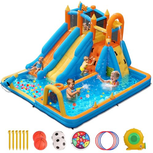 FOOING Castello Gonfiabile con 2 Scivoli Acquatici, Parete Arrampicata, Canestro Basket, Giochi da Giardino per Bambini, Piscina Esterna con Rete di Sicurezza per Feste All'aperto