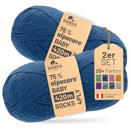 HANSA-FARM |alpacare 75% waschbare Baby Alpaka Socks 224g Set (2 x 112g) Sockenwolle kratzfreie Wolle zum Stricken & Häkeln - CF245 Jeansblau