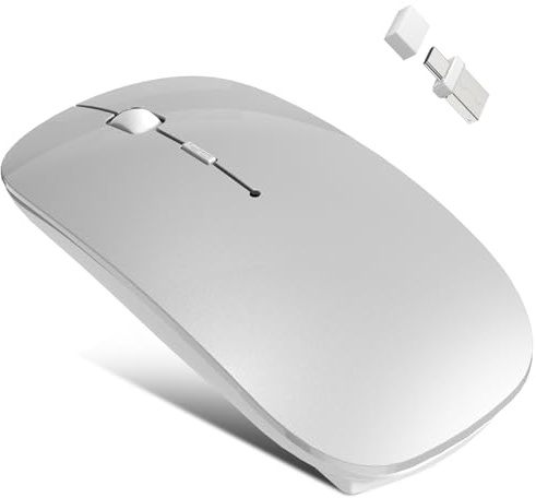 Azmall Mouse Wireless Bluetooth 5.2/3.0 + 2.4G USB-A/C – Ricaricabile USB-C, Click Silenzioso, 3 DPI (800/1200/1600), Jiggler Integrato – per iPad, MacBook, Laptop e PC Windows