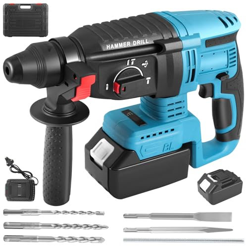 Cordless SDS Plus Hammer Drill Brushless Motor 1500W 21V 3000mAh Battery, 4-in-1 26mm Hammer Drill with 360° Rotating Handle, Variable Speed & 5 Drills for Concrete Metal Wood