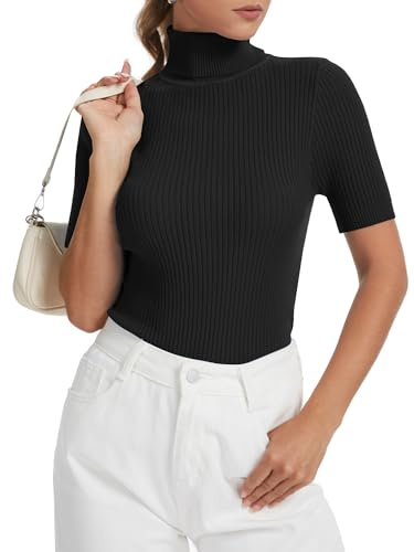 Black Women's Short Sleeve Sweater Turtleneck Top Ribbed Knit Shirts