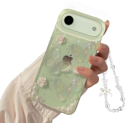 Reownest Klar för iPhone 17 Air fodral söt kristallglitter glittrande bling blommig fjärilsdesign estetisk telefonfodral kvinnor flickor för iPhone Air + pärlkedja