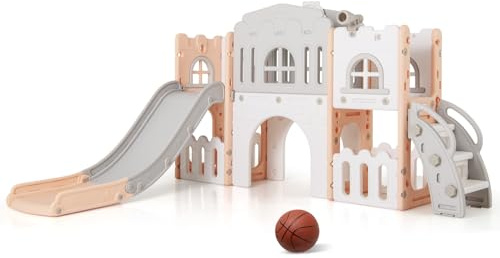 COSTWAY Toddler Slide, 8 in 1 Kids Slide Playset with Tunnel, Basketball Hoop, Telescope, Climbing Ladder & Storage Space, Indoor Playground for Ages 1-3 (Pink + Grey + White)