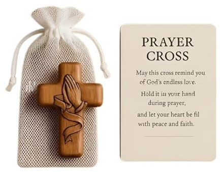Cruz cristiana de madera para oración con tarjeta y bolsa, crucifijo católico artesanal, cruz pequeña estilo vintage, objeto devocional y regalo cristiano para bautizo, comunión y confirmación