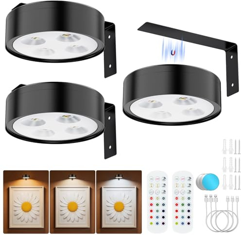 Bawoo Aplique Luz para Cuadros sin Cable, 13 RGB Luces LED Magnéticas Inalámbricas Recargables, 3PCS, 451LM, Doble Control Remoto/Modo Pulsador, Lámpara de Pared para Cuadros y Pinturas (Negro)