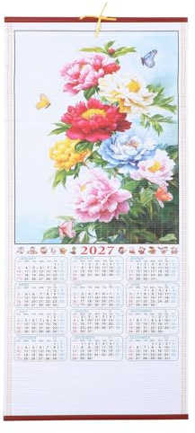 Lurrose Chinese Wall Scroll Calendar 2027: Lunar Calendar Wall Scroll - Zodiac Year of Goat Fengshui Hanging - Chinese Auspicious Picture of Flowers, Full Year to View