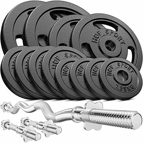HOP-Sport® Set d'Haltères en Fonte 57 kg avec Ensemble de Barres SZ-Curl, Courtes, Kit de Disques de Poids Ajustables pour Musculation à Domicile, Fermetures Chromées, Noir