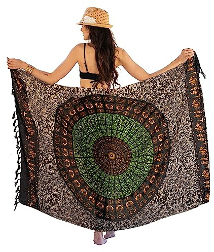 NELUHA Sarong Tuch Damen mit Saronghalter Pareo Wickeltuch Handtuchkleid Wickelrock strandtuch xxl Tuch Männer pareo damen strandtuch damen Mandala braun grün
