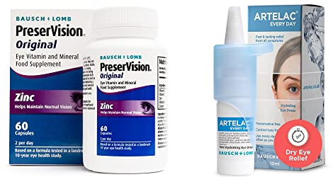 PreserVision Original and Artelac Every Day Bundle, Eye Vitamin & Mineral Food Supplement, Zinc, Copper, Vitamin C, E & A and Eye Drops for Dry Eyes, Relieves Symptoms of Tired, Stressed & Teary Eyes