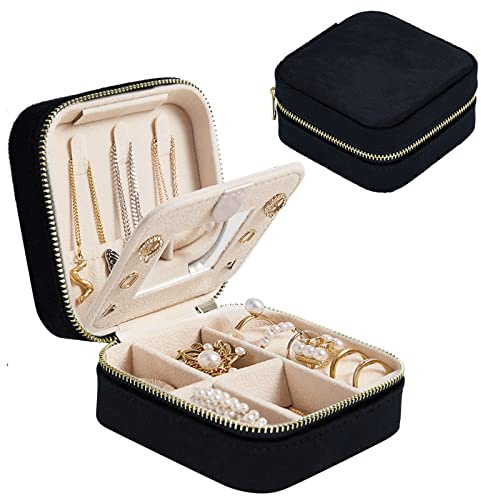Darbermu Mini Jewelry Box Organiser, Black Portable Travel Case With Mirror, Velvet Double Layer Bag for Rings, Earrings, Necklaces, Bracelets - Gift for Girls and Women